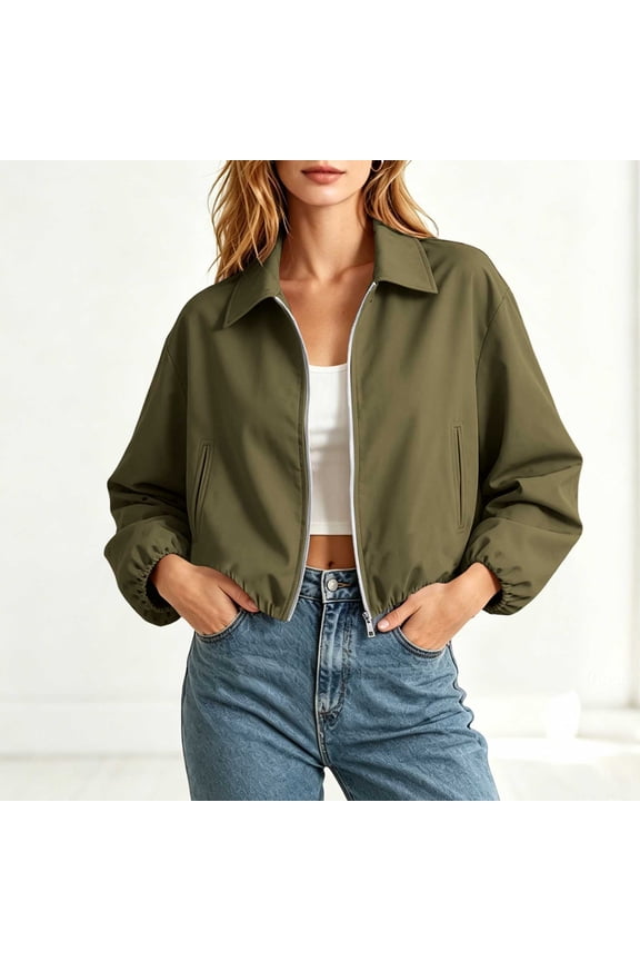 Women's Baseball Jacket Lapel Zip Up Puffed Hem Short Loose Fit Casual Coat for Spring Fall Daily