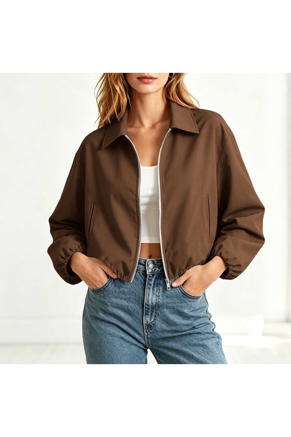 Women's Baseball Jacket Lapel Zip Up Puffed Hem Short Loose Fit Casual Coat for Spring Fall Daily
