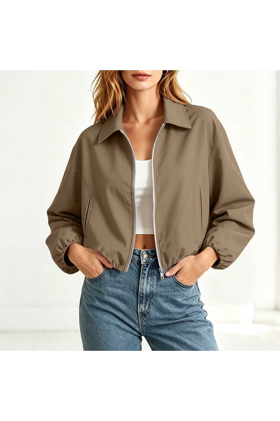 Women's Baseball Jacket Lapel Zip Up Puffed Hem Short Loose Fit Casual Coat for Spring Fall Daily