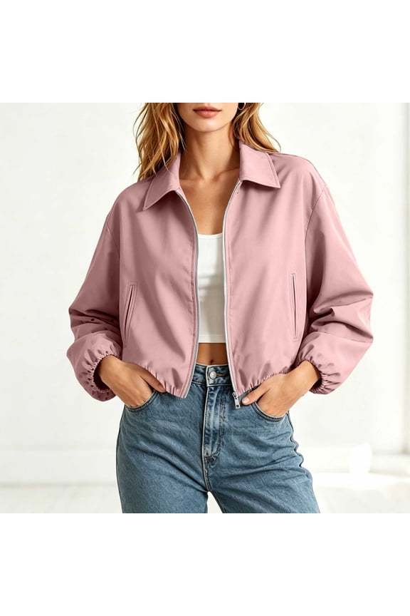Women's Baseball Jacket Lapel Zip Up Puffed Hem Short Loose Fit Casual Coat for Spring Fall Daily