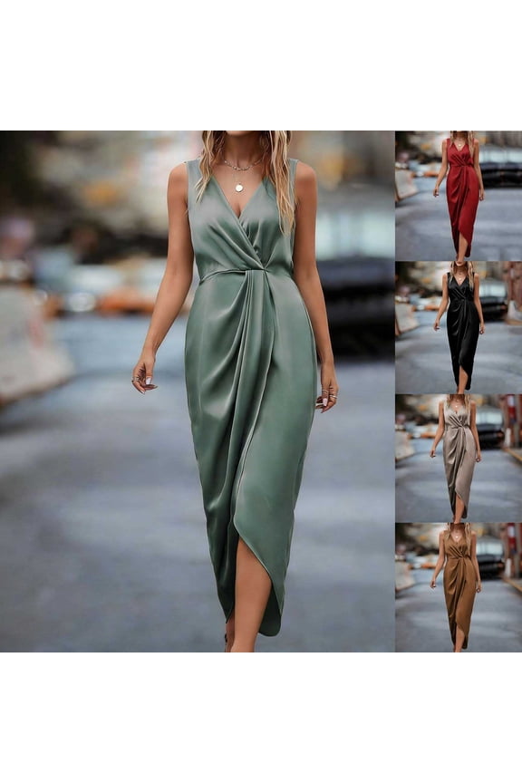 Women‘s Bodycon Slit Dress, Sleeveless V-Neck Solid Color Slim Fit Maxi Dress, High-Low Hem Casual Bodycon Dress for Fall Spring Evenings Gift