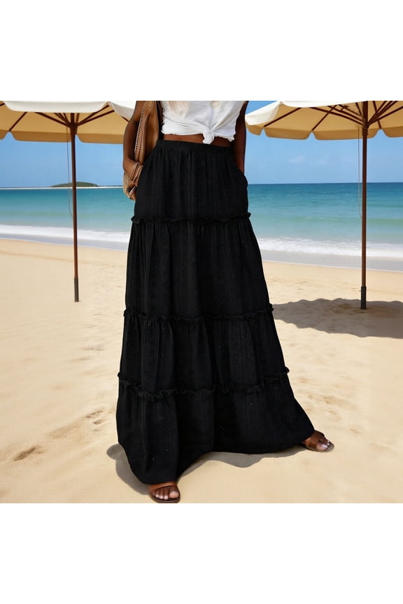 Women's Boho High Waist Maxi Skirt with A-Line Silhouette, Ruffle Tiered Detail, Elastic Waistband, and Side Pockets Gift