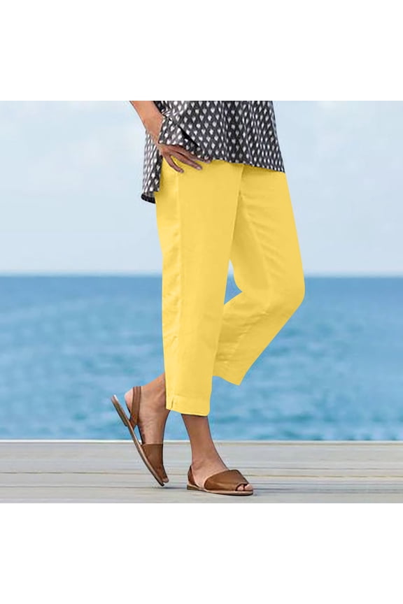 Women's Casual Elastic Waist Cotton Linen Pants Solid Color Straight Leg Split Hem Ankle Length Trousers Lightweight Soft Daily Commute Wear Gift