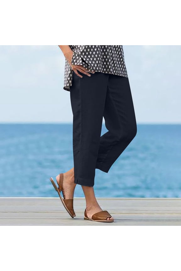 Women's Casual Elastic Waist Cotton Linen Pants Solid Color Straight Leg Split Hem Ankle Length Trousers Lightweight Soft Daily Commute Wear Gift