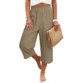 thumbnail image 1 of TaTaai Women's Casual Elastic Waist Solid Loose Straight Trousers With Side Pockets Ruffle Detail Lightweight Comfy Linen Fabric Capri Pants For Summer Daily Holiday Outdoor Wear Gift, 1 of 7
