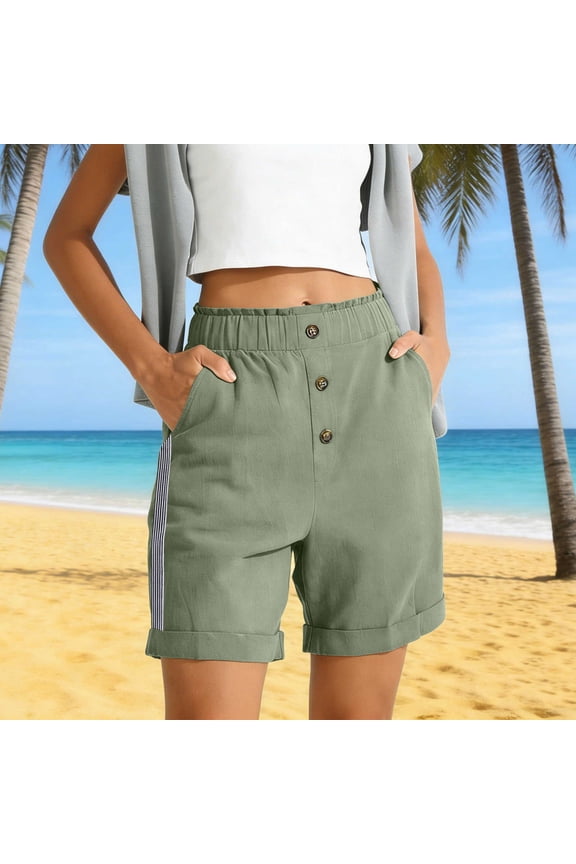 Women's Casual Linen Feel Shorts with Pockets Faux Placket Buttons High Elastic Waist Rolled Cuffs Solid Color Breathable Soft Summer Beach Daily Bottoms Gift