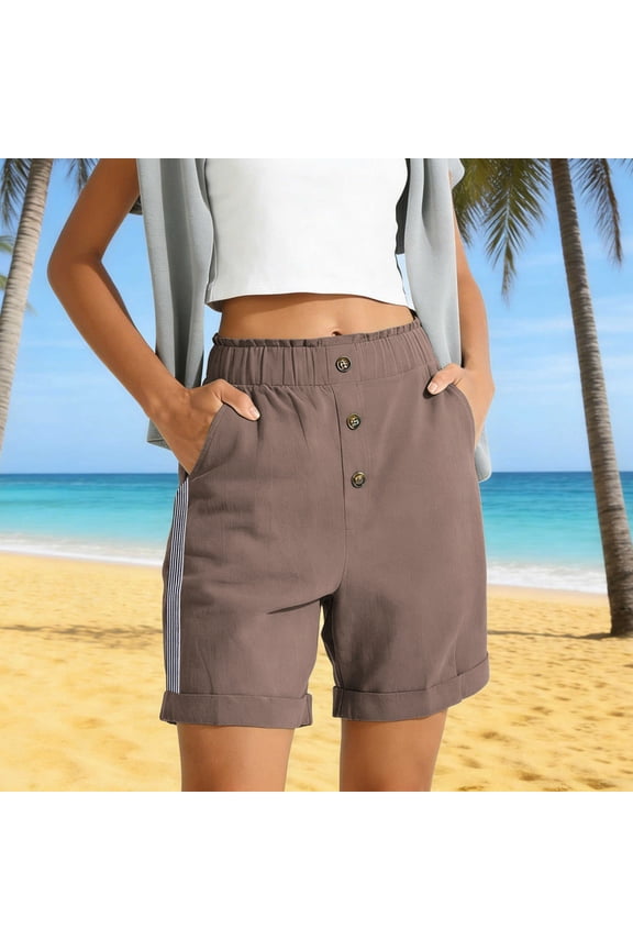 Women's Casual Linen Feel Shorts with Pockets Faux Placket Buttons High Elastic Waist Rolled Cuffs Solid Color Breathable Soft Summer Beach Daily Bottoms Gift
