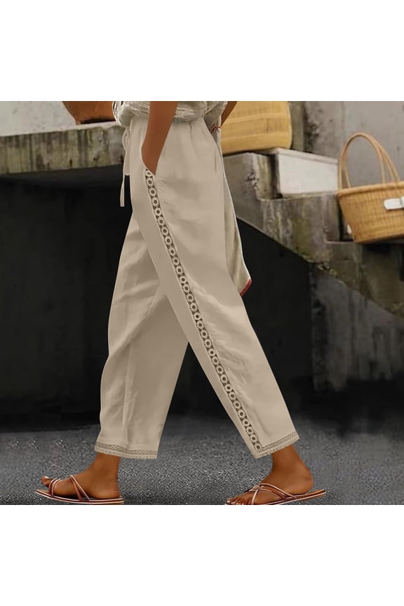 Women's Casual Linen Pants Solid Color Trim Drawstring Elastic Waist Loose Fit Straight Leg Trousers with Hem Detail for Spring Summer Daily Gift