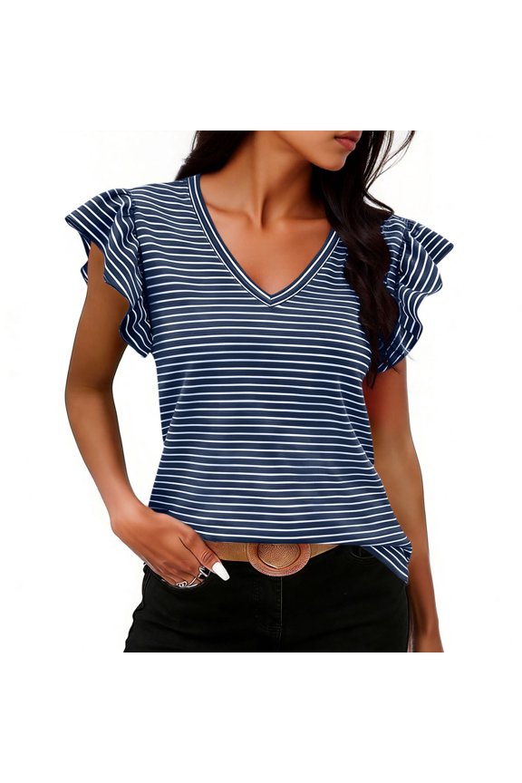 Women's Casual Loose Fit Short Sleeve Striped Ruffle Top, V Neck Flutter Blouse, Trendy Summer Shirt for Beach and Daily Wear Gift