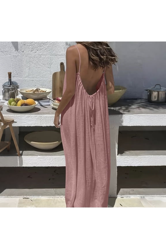 Women's Casual Loungewear Maxi Dress Sleeveless Backless Slip Dress Solid Color Round Neck Loose Fit Summer Nightgown Gift