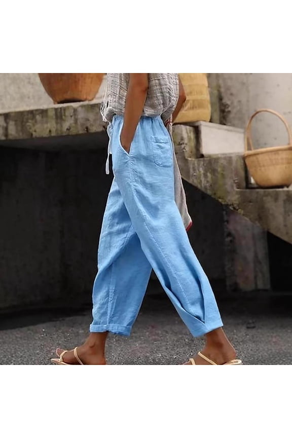 Women's Casual Pants for Women Solid Color Drawstring Elastic Waist Loose Fit Linen Trousers with Pockets for Daily Gift