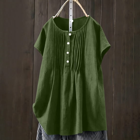 TaTaai Women's Casual Pleated Blouse Short Sleeve Round Neck Button Front Linen Feel Solid Color Top Soft Lightweight Spring Summer Daily Beach Wear Gift