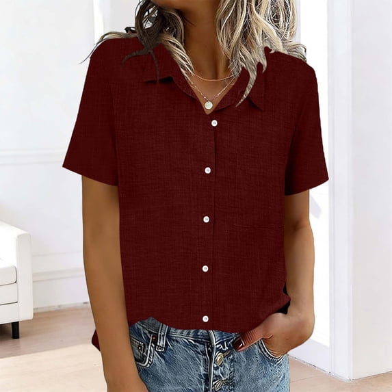 TaTaai Women's Casual Pocket Blouse Short Sleeve Button Front Lapel Collar Solid Color Top Soft Lightweight Comfy Spring Summer Daily Beach Wea Gift