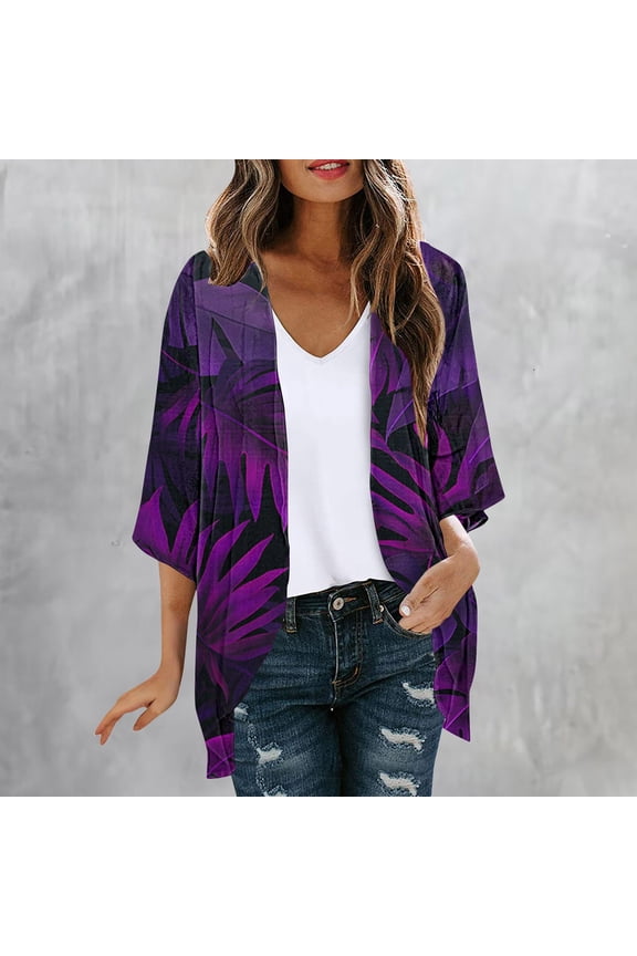 Women's Casual Printed Long Sleeve Cardigan All-Over Floral Print Lightweight Open Front Jacket for Spring Summer Gift