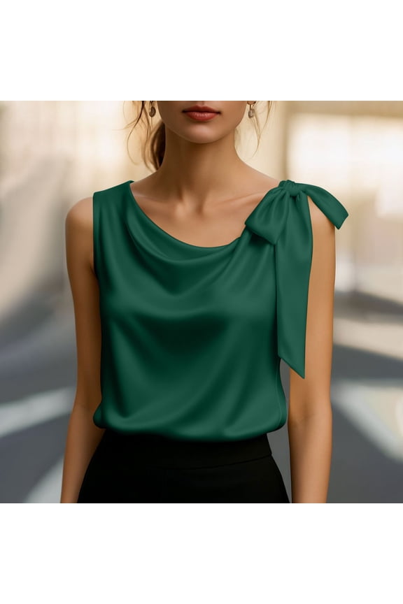 Women’s Casual Satin Tie Blouse Sleeveless Loose Fit Solid Color Up Cami Soft Polyester Elegant Summer Holiday Wear Gift