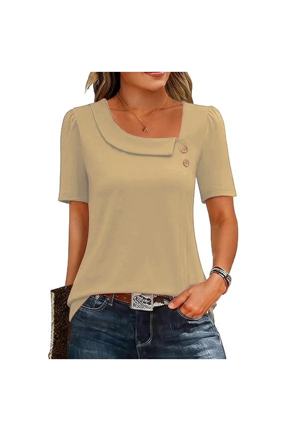 Women's Casual Short Sleeve Top - Solid Color Asymmetric Neckline Tee with Knot Detail, Cotton Loose Fit Summer Shirt Gift