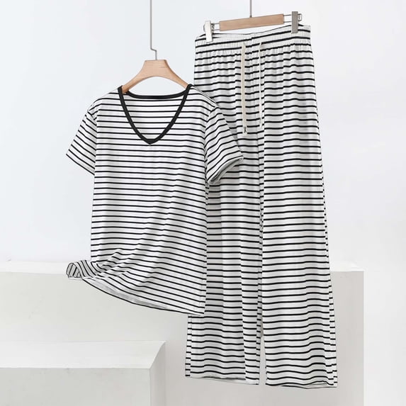 TaTaai Women's Casual Striped Modal Short Sleeve Set V-Neck Top Elastic Waist Long Pants Soft Breathable Comfy Fabric Lightweight Two-Piece Outfit Daily Home Summer Gift