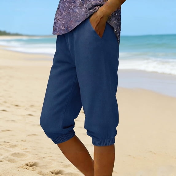 TaTaai Women's Casual Trendy Draping 7/8 Capri Pants Solid Color Faux Denim Elastic Waistband Tapered Leg with Convenient Pockets Soft Breathable Spring Summer Bottoms Gift