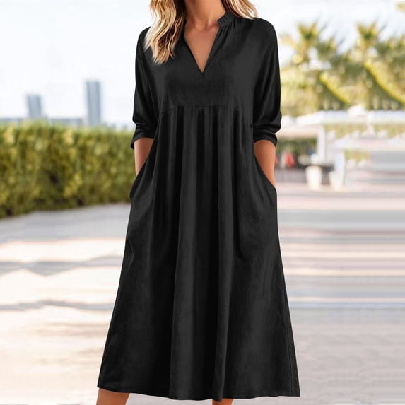 TaTaai Women's Casual V-neck Cotton Linen Loose Long Dress Three Quarter Sleeve with Functional Pockets Soft Breathable Dress Gift