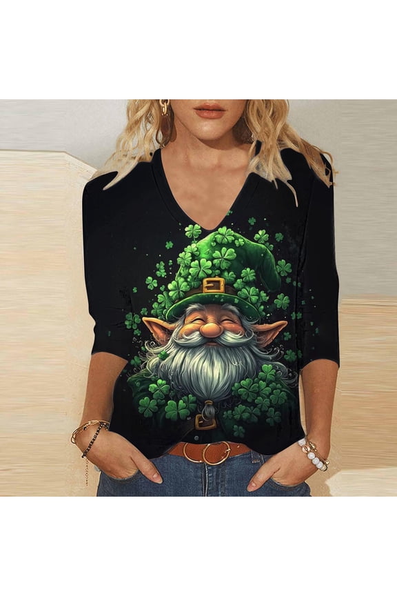 Women's Celtic Holiday Blouse V-Neck 3/4 Sleeve Loose Fit Printed T-Shirt St. Patrick's Day Theme Casual Spring Top Gift