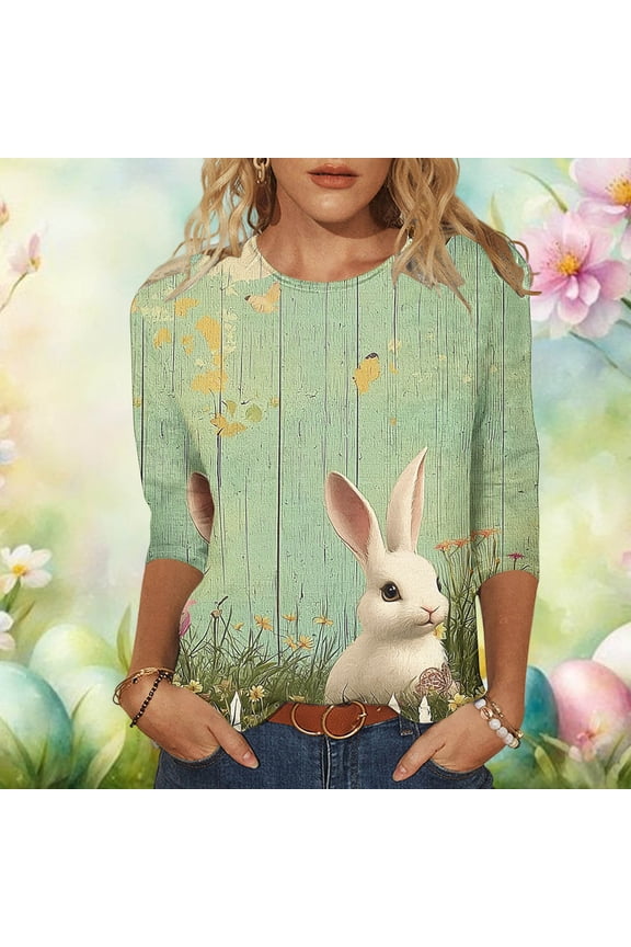 Women's Crew Neck 3/4 Sleeve Easter Eggs Floral Print Casual Top Ladies Soft Breathable Spring Tee for Easter Celebrations Family Gatherings Daily Wear Gift