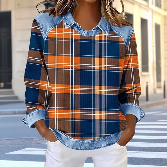 TaTaai Women's Denim Patchwork Blouse Long Sleeve Lapel Collar Waffle Print Casual Loose Fit Fashion Spring Top Gift