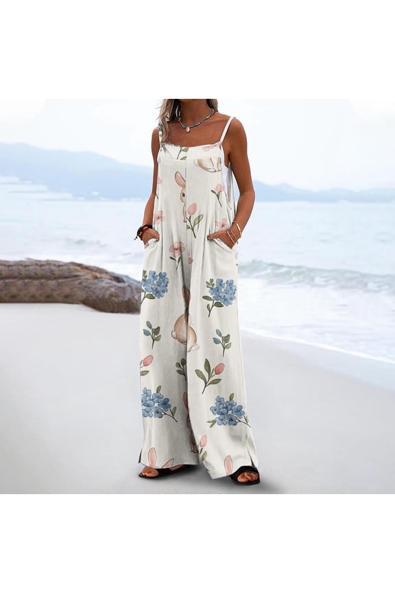 Women's Easter Casual Loose Printed Jumpsuit Sleeveless V-Neck Adjustable Back Strap Design with Side Pockets Soft Lightweight Polyester Long Jumpsuit for Daily Summer Spring Gift