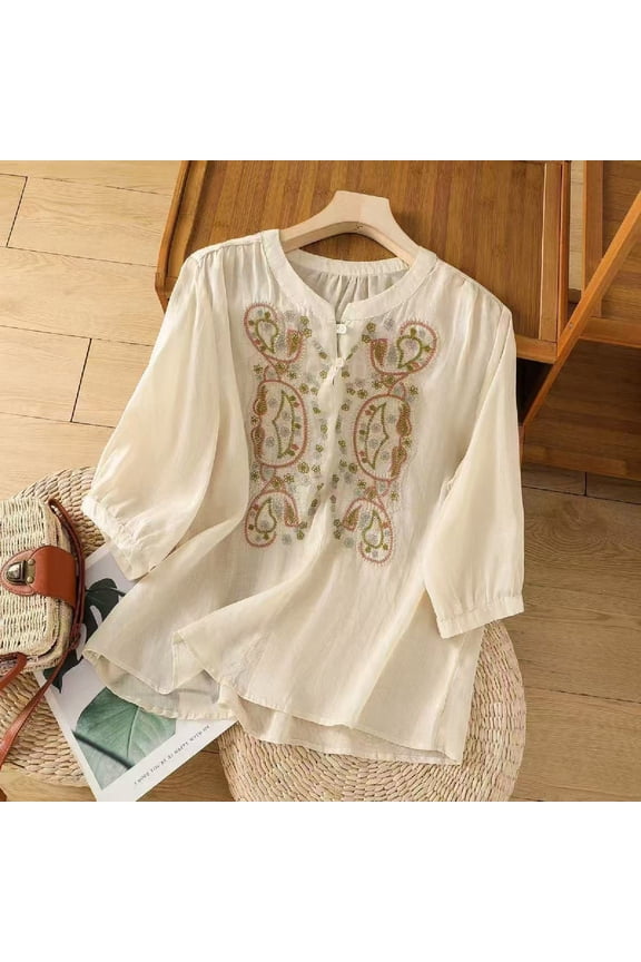 Women's Embroidered Short Sleeve Top Linen Style Loose Cropped Blouse with Bohemian Embroidery for Summer Gift