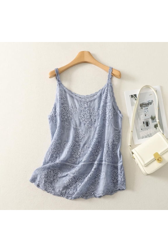 Women's Embroidered Sleeveless Camisole Linen Style Round Neck Loose Casual Tank Top for Summer Gift