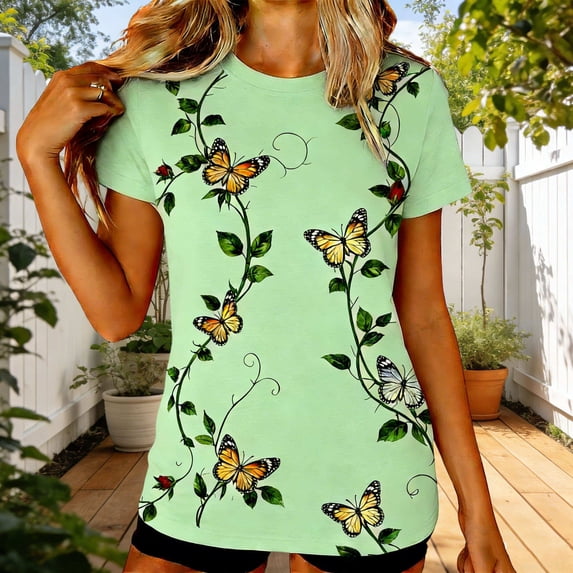 TaTaai Women's Everyday Summer Top Short Sleeve Round Neck Patterned Design Casual Printed Cotton Blend T-Shirt Gift