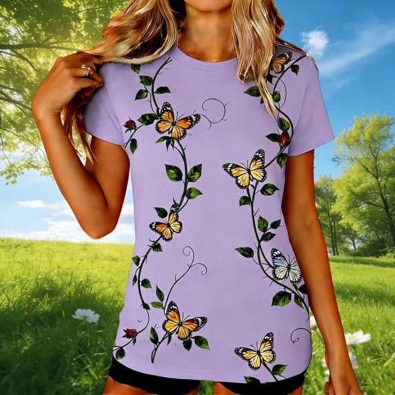 TaTaai Women's Everyday Summer Top Short Sleeve Round Neck Patterned Design Casual Printed Cotton Blend T-Shirt Gift