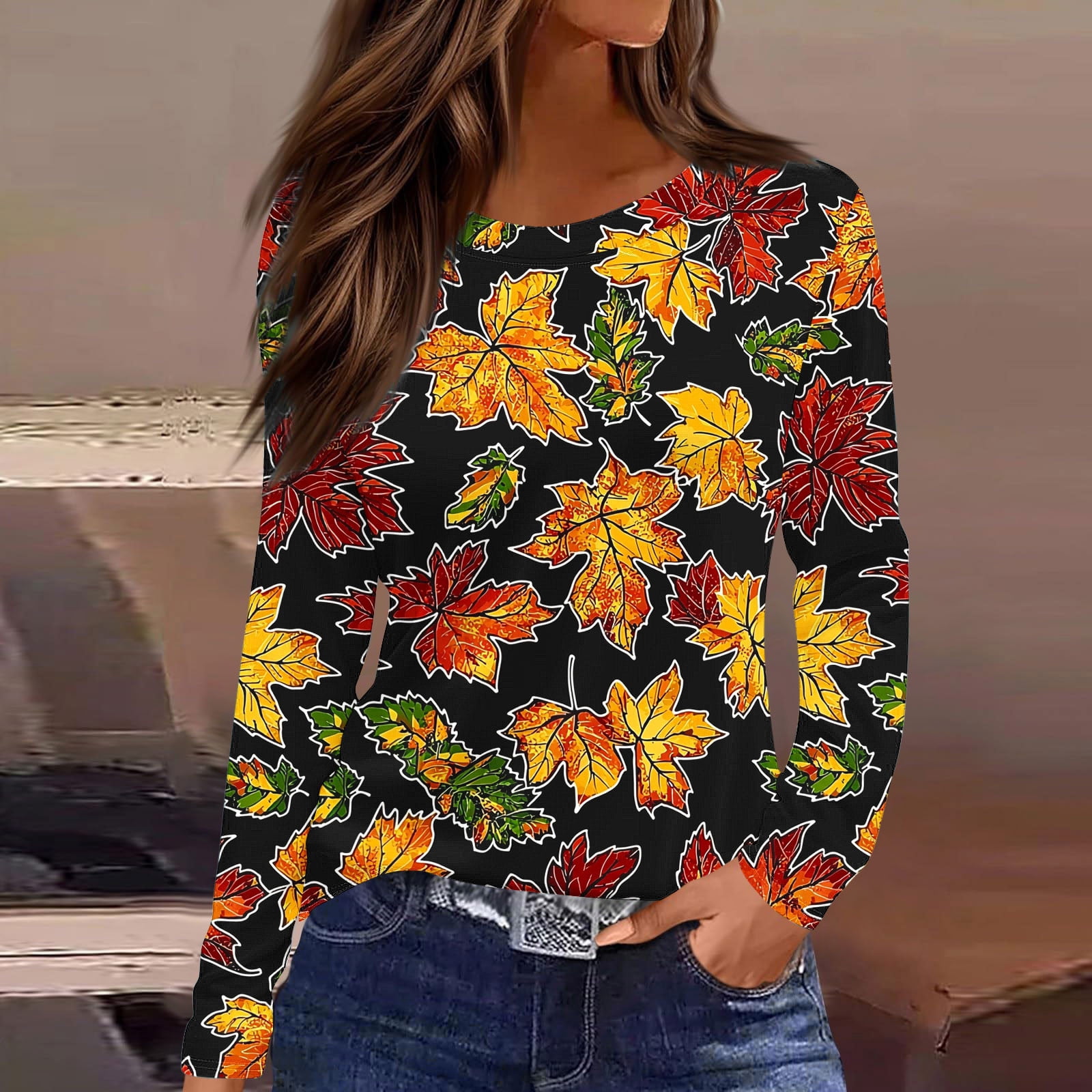 Women's Fashion Print Loose Fit Round Neck Long Sleeve Sweatshirt, Casual Pullover Top for Thanksgiving Party and Daily Wear
