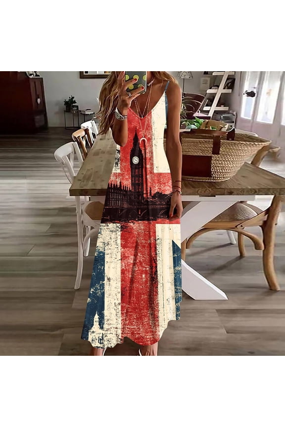 Women's Fashion Printed Maxi Dress with British Flag Design, Round Neck, and Lightweight Breathable Fabric Gift