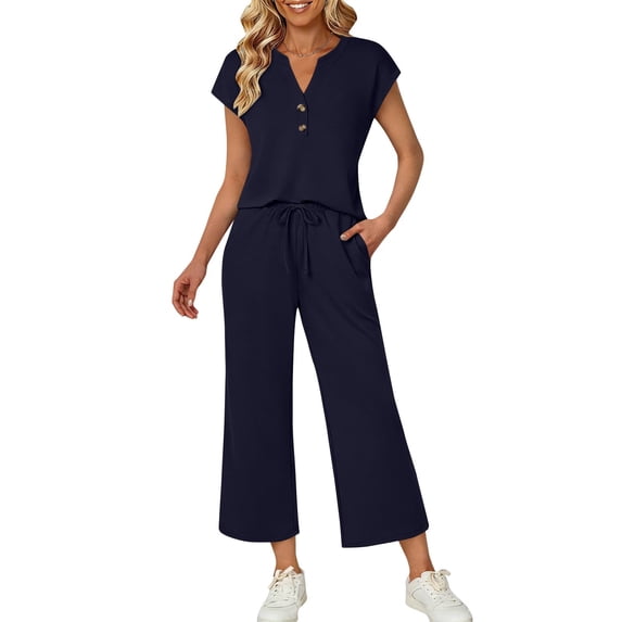 TaTaai Women's Fashion Solid Color V-Neck Short Sleeve Top and Long Pants 2 Piece Outfit Loose Casual Style with Side Pockets Elastic Waist Drawstring Comfortable All Day Wear Gift