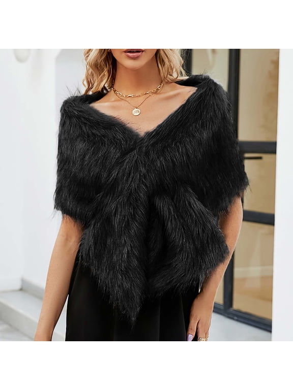 Women's Faux Fur Evening Shawl, Long Formal Stole Wrap for Wedding Bridal Party Cold-Weather Wear