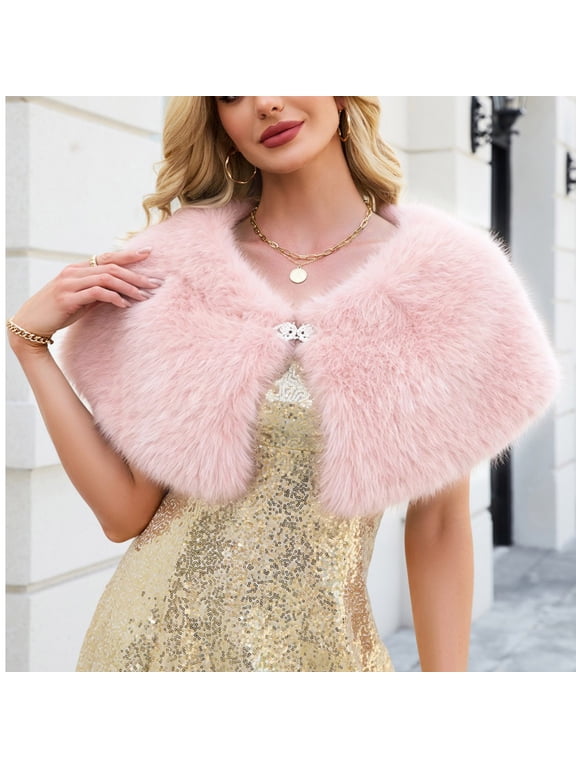 Women's Faux Fur Wrap Shawl, Artificial Fur Stole with Rhinestone Clasp for Winter Evening Wear