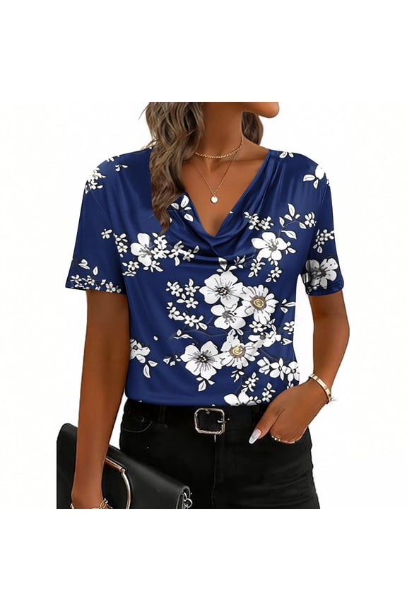 Women's Floral Print Cowl Neck Short Sleeve T-shirt, Summer Casual Party Top, Fashion Breathable Daily Blouse Gift