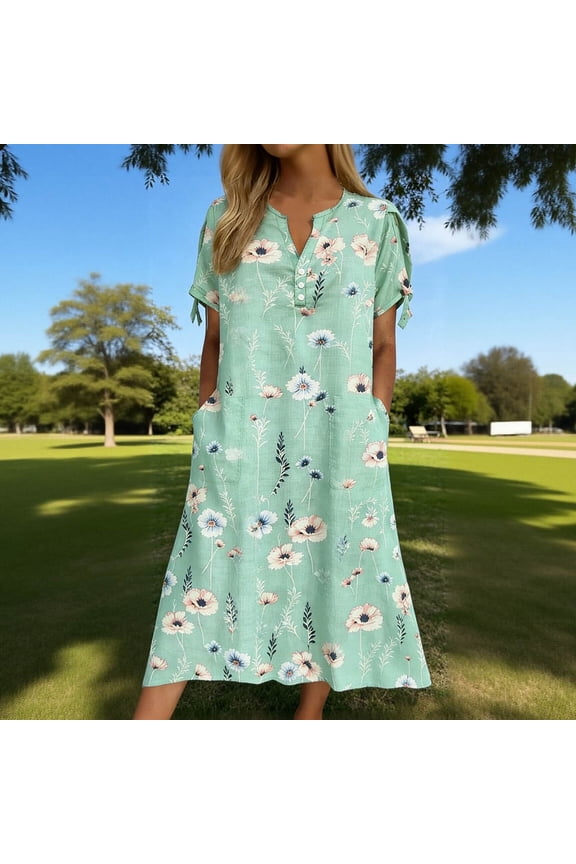 Women's Floral Print V-Neck Short Sleeve Midi Dress with Tie Cuff Detail and Side Pockets Casual Fashion Lightweight Flowy Dress for Spring Summer Daily Vacation Outings Gift