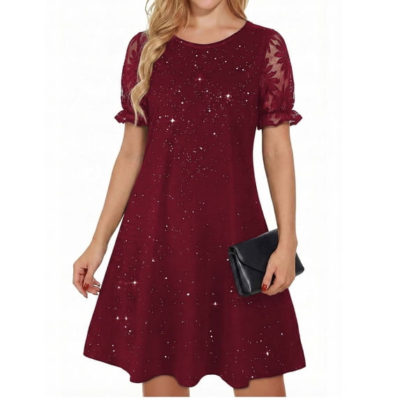 TaTaai Women's Glitter T-Shirt Dress with Short Sleeves, Flattering A-Line Silhouette, and Sparkly Party Style Gift