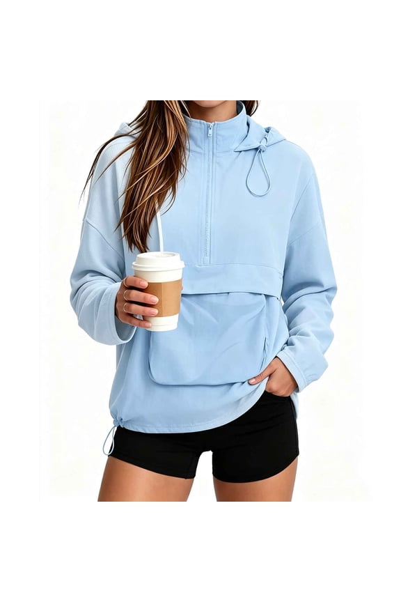 Women's Half Zip Hooded Anorak Jacket with Kangaroo Pocket Oversized Pullover for Casual Outdoor Daily Top