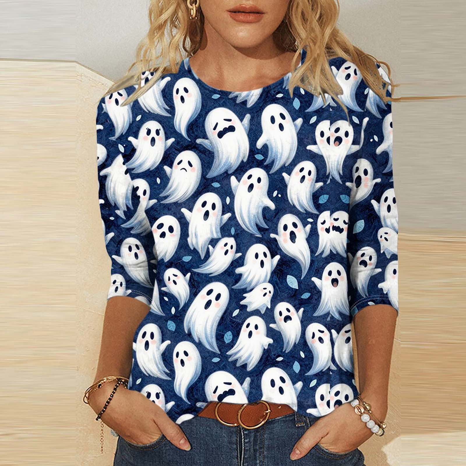 TaTaai Women's Halloween Ghost Print Round Neck 3/4 Sleeve Top, Casual ...