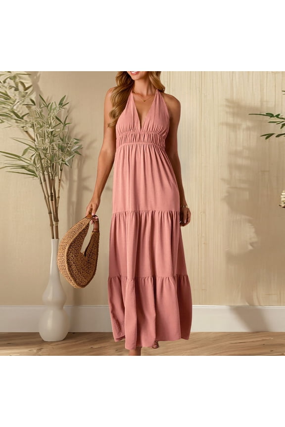 Women‘s Halter Neck Maxi Dress, Sleeveless V-Neck Tie Back Dress, Solid Color Slip Dress with Belted Waist, Summer Evening Gown Gift