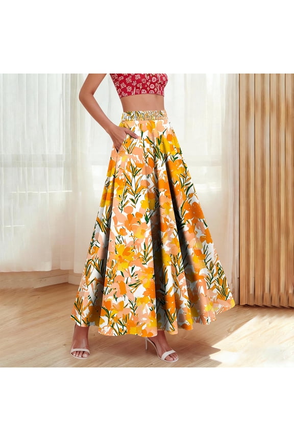 Women's High Waist Boho Pattern Maxi Skirt Elastic A-Line Long Skirt Ruffle Hem with Side Pockets for Daily Casual and Travel Gift