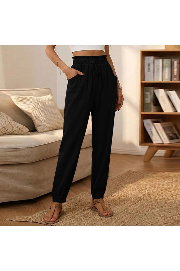 Women's High Waist Linen Tapered Pants Loose Fit Full Length Casual Trousers with Elastic Drawstring Waistband Side Pockets and Cuffed Ankle Solid Color Gift