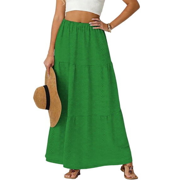 TaTaai Women's High Waist Maxi Skirt Solid Color Patchwork Hollow Out Layered Pleated Long Skirt Tiered Ruffle Hem Boho Summer Gift
