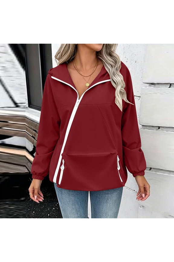 Women's Hooded Hiking Jacket Waterproof Windbreaker Zipper Outdoor Coat with Pockets Loose Fit for Travel Daily Commute