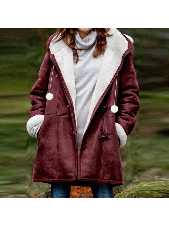 Women's Hooded Toggle Coat Solid Color Fleece Lined Winter Jacket with Drawstring Pockets