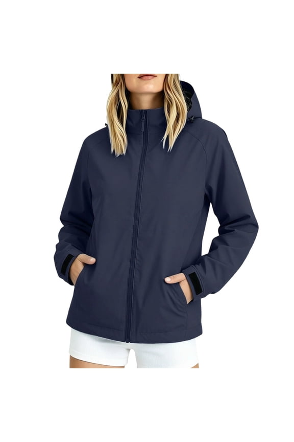Women's Hooded Waterproof Jacket Outdoor Windbreaker with Pockets Lightweight Rain Coat for Hiking Travel