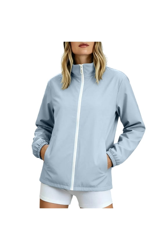 Women's Hoodless Waterproof Jacket Lightweight Rain Coat with Pockets Solid Color Outdoor Windbreaker for Travel