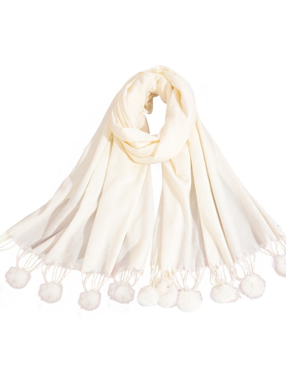 Women's Imitation Wool Winter Scarf, Soft Warm Tassel Neck Wrap with Pom Poms for Cold Weather Daily Wear